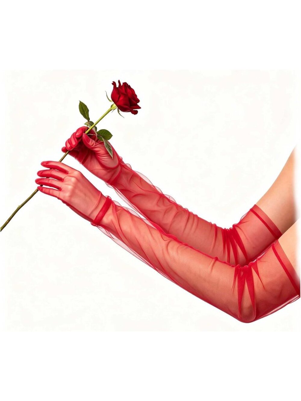 Women's Red Long Sheer Mesh Extra-long Opera Length Finger Tulle Gloves